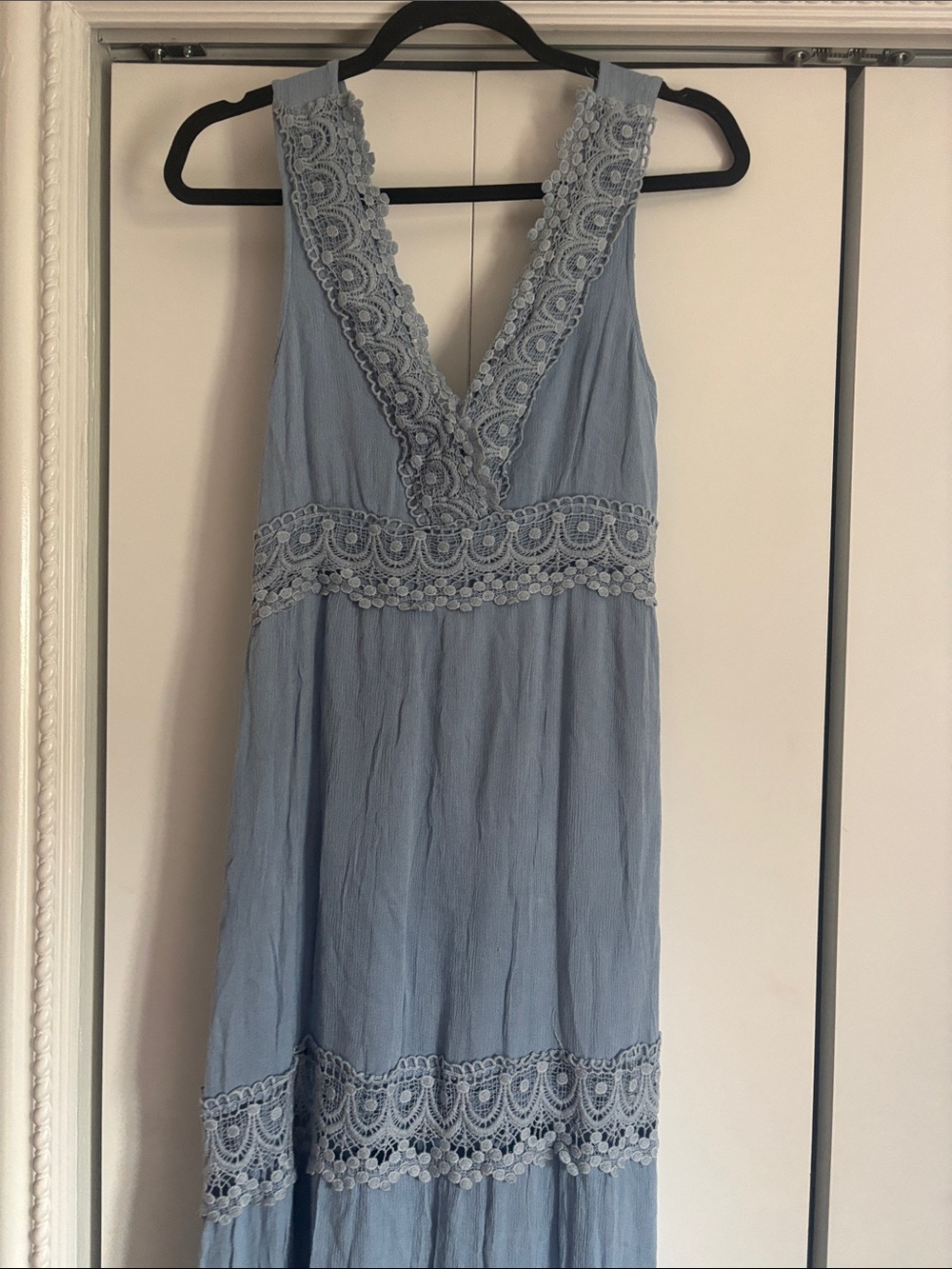 Sleeveless Light Blue Lace-Trim Maxi Dress